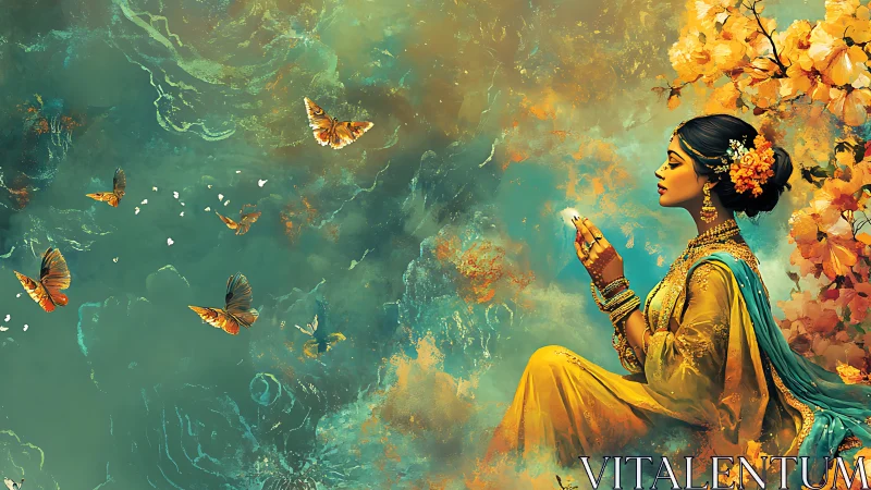 Woman in traditional dress with butterflies and foliage.