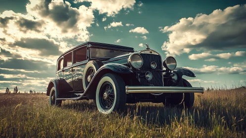 Sunlit vintage sedan lounges proudly in a wild meadow