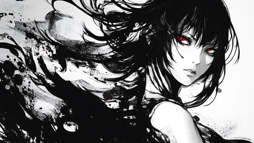 Dark-haired anime girl stares out with glowing red eyes.