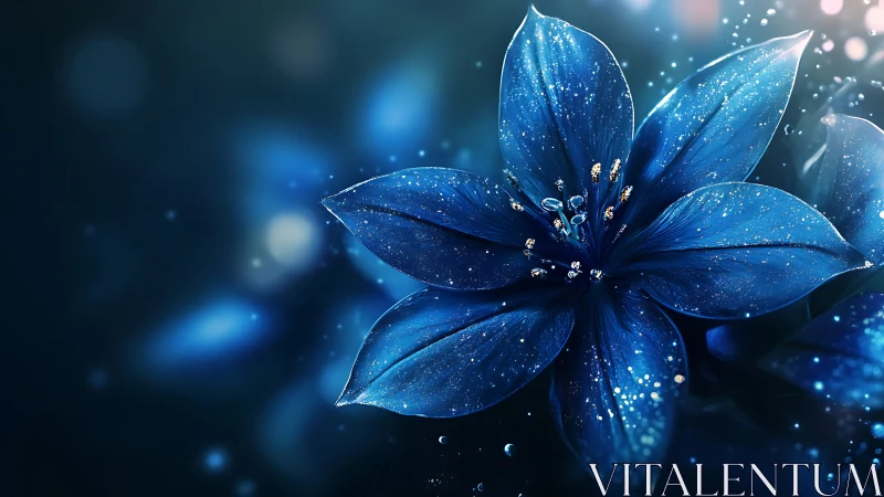 Luminescent Blue Flower Macro with Crystalline Particle Effectsand Bokeh