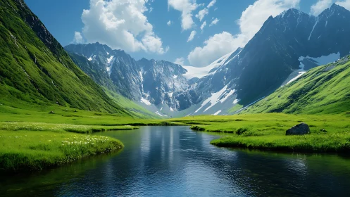 Glacial valley river winds through lush green alpine meadows.