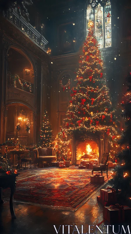 Candlelit Christmas eve in a grand, storybook manor room.