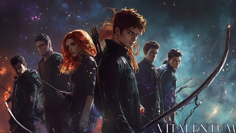 Group of armed figures stands against contrasting nebula sky