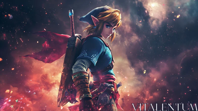 Lone fantasy warrior stands defiant amid burning nebula sky