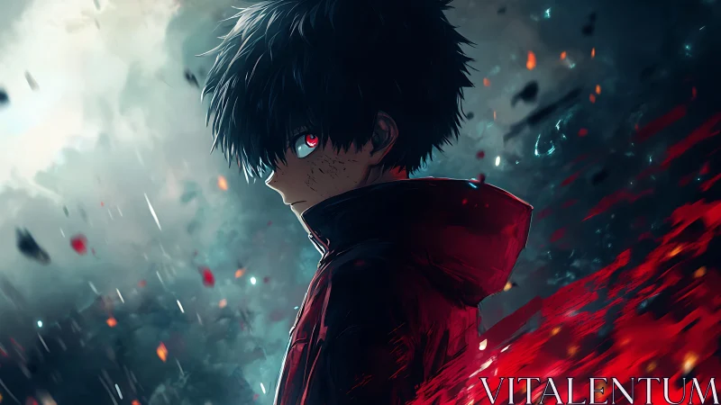 Side profile of hooded youth in stormlike digital scene