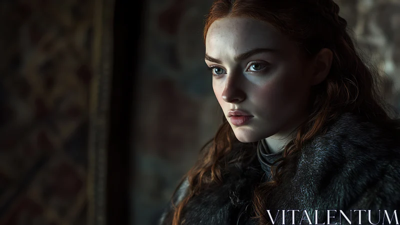 Young red haired noble in quiet, wintry light indoors.