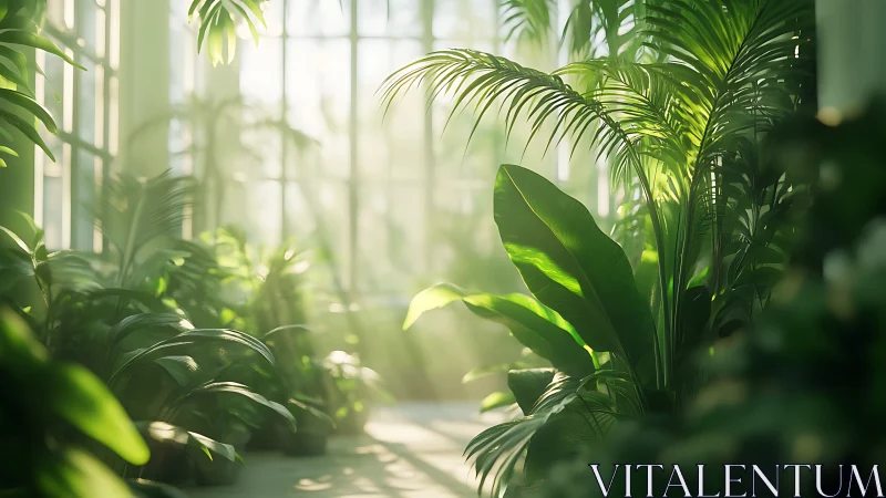 Sunlit greenhouse interior shows layered tropical foliage