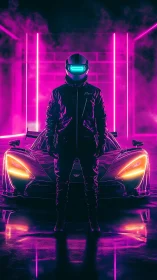 Neon lit driver standing before futuristic supercar.