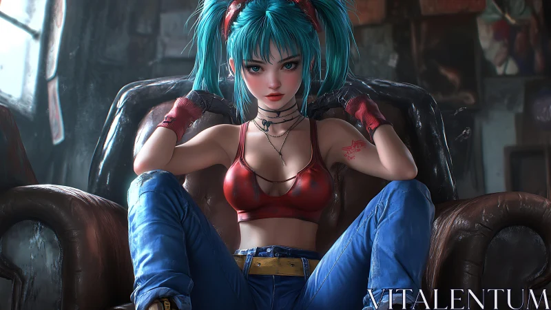 Rebel teal haired fighter lounges in a worn leather throne.