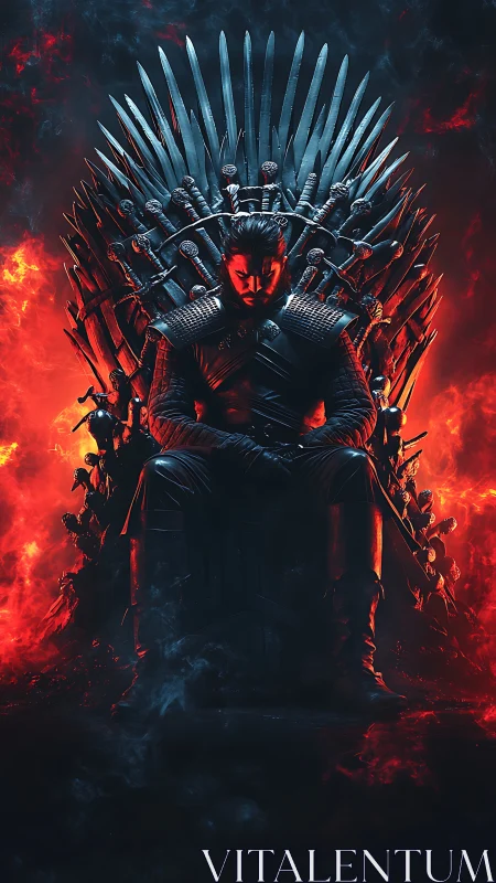 Dark warrior king broods on burning iron throne.
