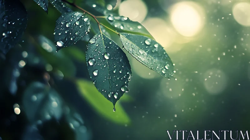 Rain-kissed green leaves with luminous bokeh highlights.