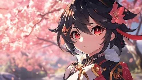Red-eyed warrior girl stands beneath soft cherry blossoms.