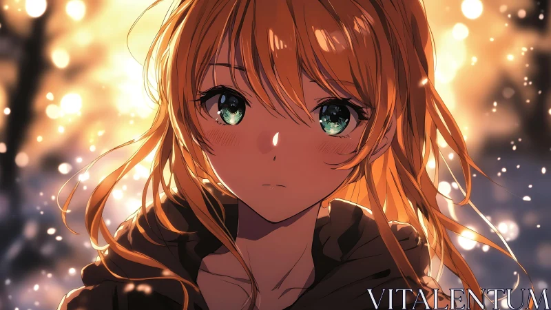 Golden hour anime girl portrait with snow bokeh lighting