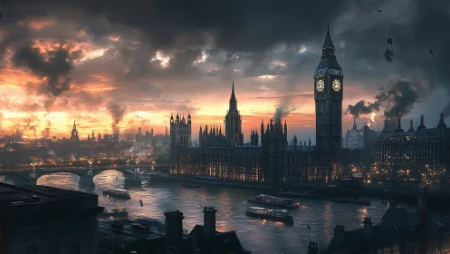 London clocktower under burning war-torn sunset sky.