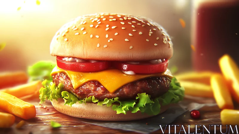 Cheeseburger with fries on wooden table in soft light.