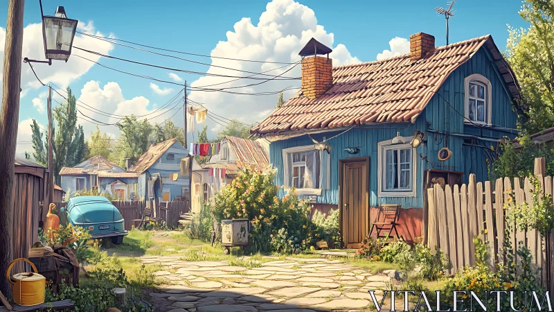 Sunlit blue cottage hums softly in a lazy summer alley