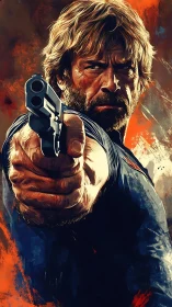 Weathered gunman extends pistol in intense close-up portrait.