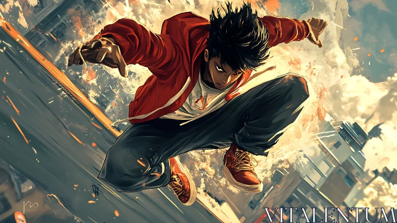 Urban freerunner leaps through explosive rooftop chaos.