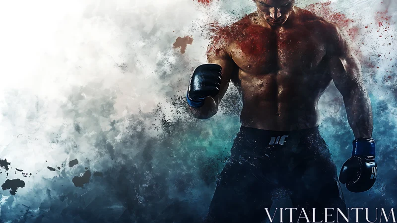 Muscular Boxer Emerging Through Dispersing Watercolor Mist