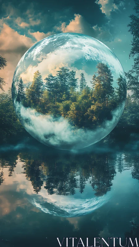 Mystic forest sphere hovers above a tranquil mirrored lake