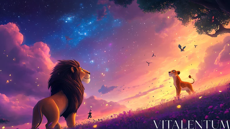 Lions gaze across cosmic dusk sky over violet savanna.