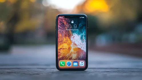 Contemporary Smartphone with Vibrant Fluid Wallpaper Display.