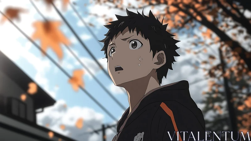 Anime boy under autumn sky with dynamic depth-of-field framing