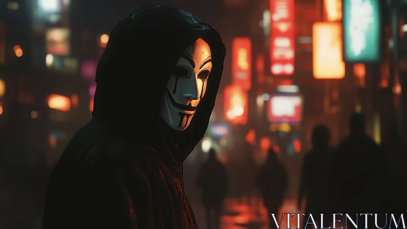 Masked figure moves through neon city shadows at night