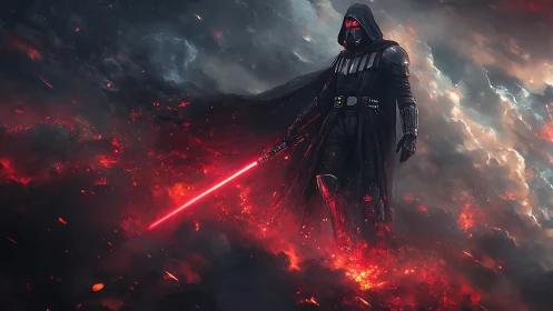 Dark armored warrior with red energy blade on lava field.