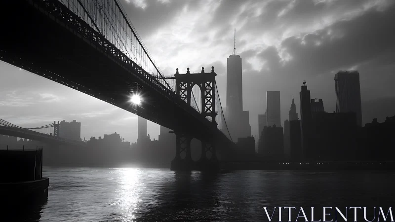 Monochrome suspension bridge study with misted skyline geometry.