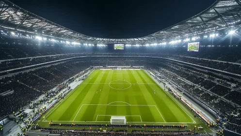 Floodlit football colosseum humming under electric night skies.