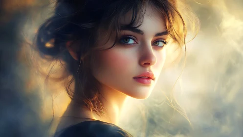 Ethereal digital portrait of woman in golden mist glow.