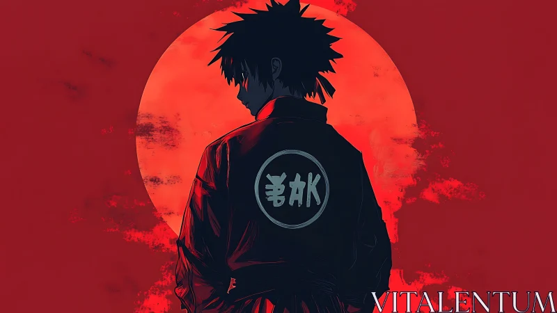 Silhouetted figure before red circular backdrop at dusk.