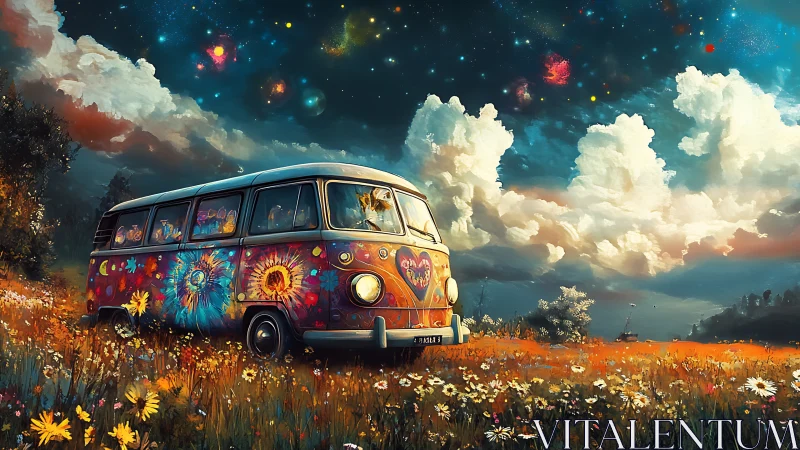 Starlit flower meadow road trip in a cosmic hippie van.