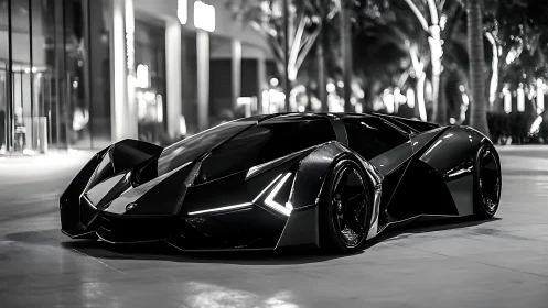 Low-angle view shows angular black supercar in urban plaza