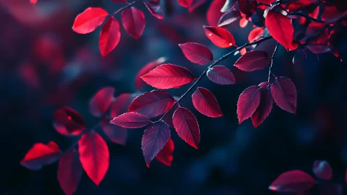 Crimson leaves drifting gently through twilight calm.