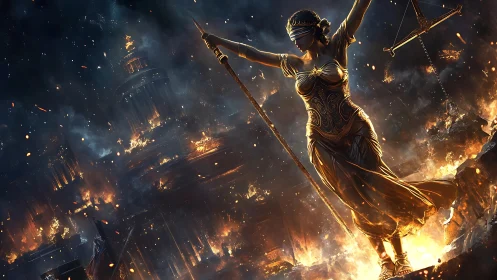 Digital painting of blindfolded Justice amid burning cityscape.