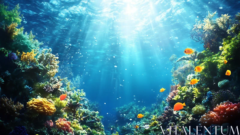 Sunlit coral reef scene shows fish swimming among dense corals