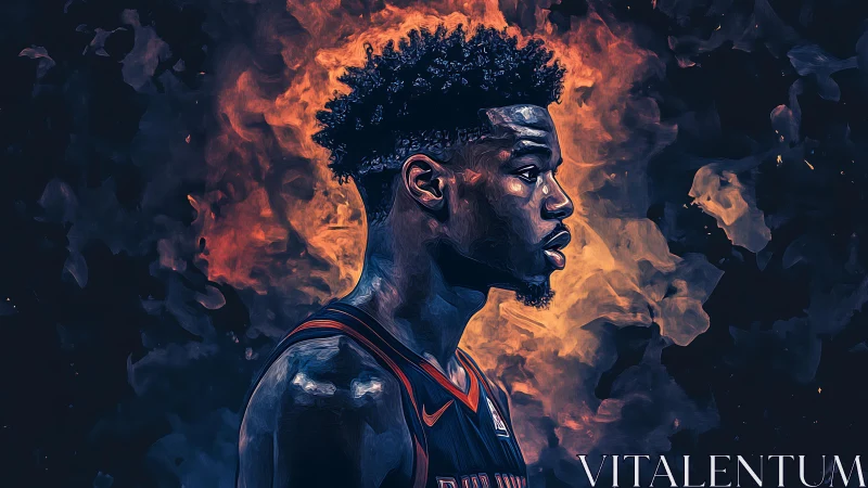 Basketball player profile framed by blazing abstract fire glow