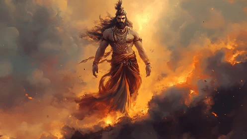 Mythic warrior strides through blazing clouds of fire.