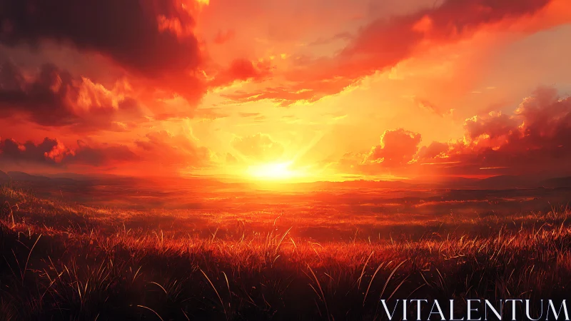 Burning horizon sunset over windswept golden grasslands.