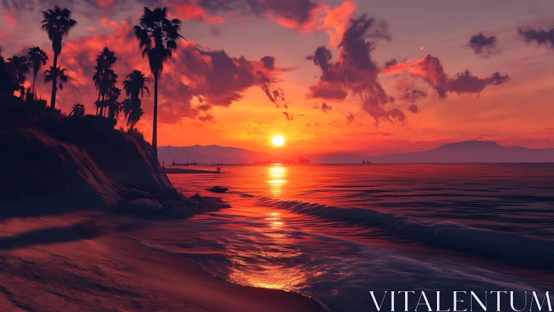 Golden sunset paints calm tropical shore in gentle light