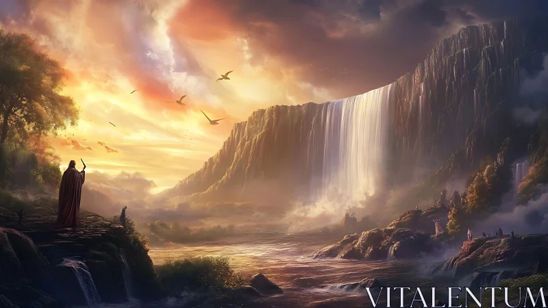 Sunlit mage communes with colossal cascading heavens