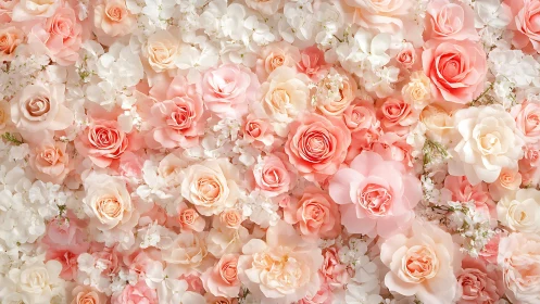 Layered floral arrangement of pink roses, peonies, and white hydrangeas.