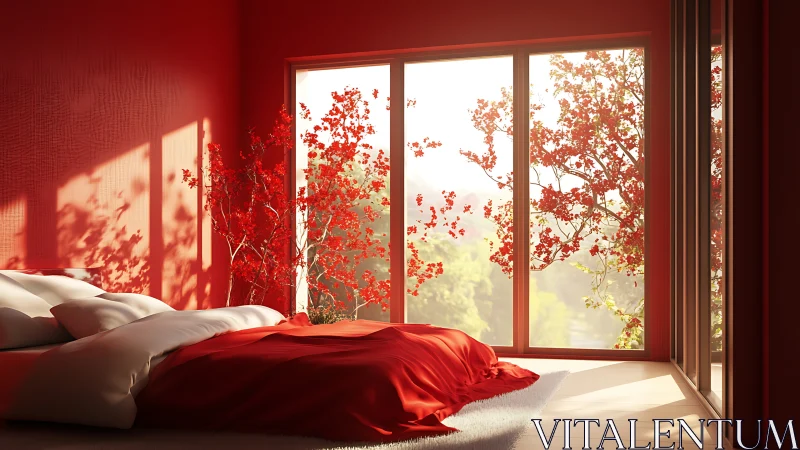 Crimson dawn bedroom wrapped in glowing maple whispers.