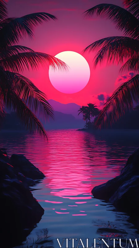 Neon sun melts into a cyber-tropic lagoon of electric calm