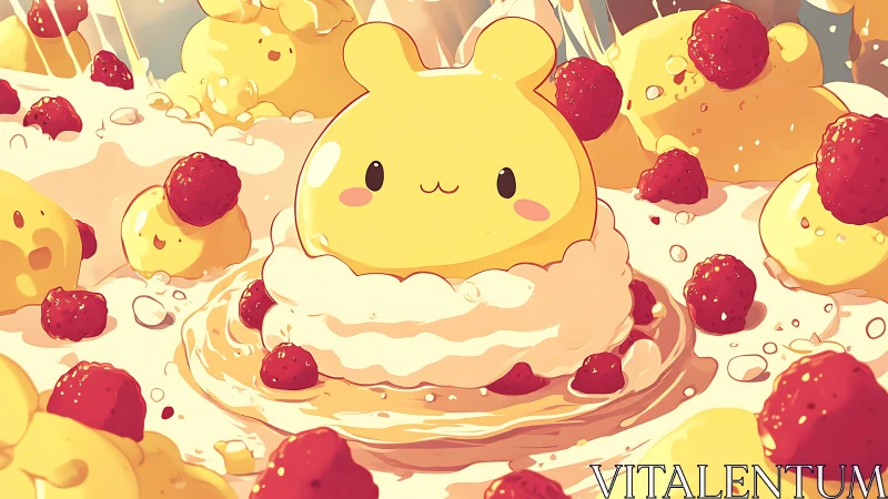 Yellow dessert character among whipped cream and berries.