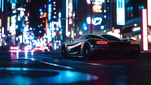 Sleek supercar glides through neon soaked futuristic city night