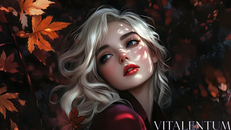 Autumn light on blonde woman amid falling red leaves.