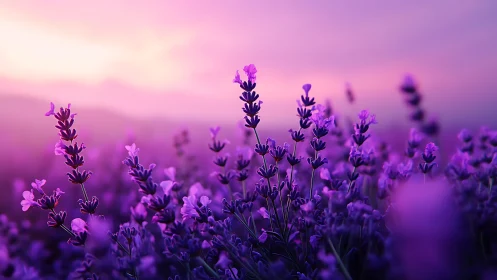 Lavender field at sunset with purple-toned atmospheric depth.